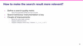 How to make the search result more relevant?
50
• Define a search quality metric
‒ Click-Through-Rate (CTR) over top 5 results
• Search behaviour instrumentation is key
• Couple of improvements:
‒ Boost the exact table ranking
‒ Support wildcard search
‒ Support category search (e.g. “column: is_line_ride”)
 