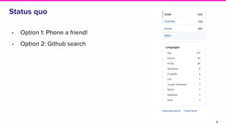 • Option 1: Phone a friend!
• Option 2: Github search
Status quo
8
 