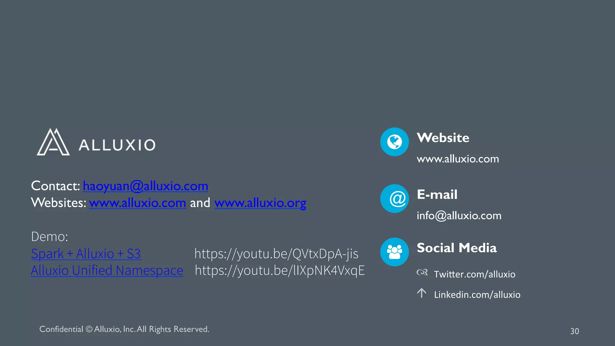 Twi$er.com/alluxio	
Linkedin.com/alluxio	
	
Website
www.alluxio.com
E-mail
info@alluxio.com
@
Social Media
á
™
Confidential © Alluxio, Inc.All Rights Reserved. 30
Contact: haoyuan@alluxio.com
Websites: www.alluxio.com and www.alluxio.org
Demo:
Spark + Alluxio + S3 https://youtu.be/QVtxDpA-jis
Alluxio Unified Namespace https://youtu.be/lIXpNK4VxqE
 