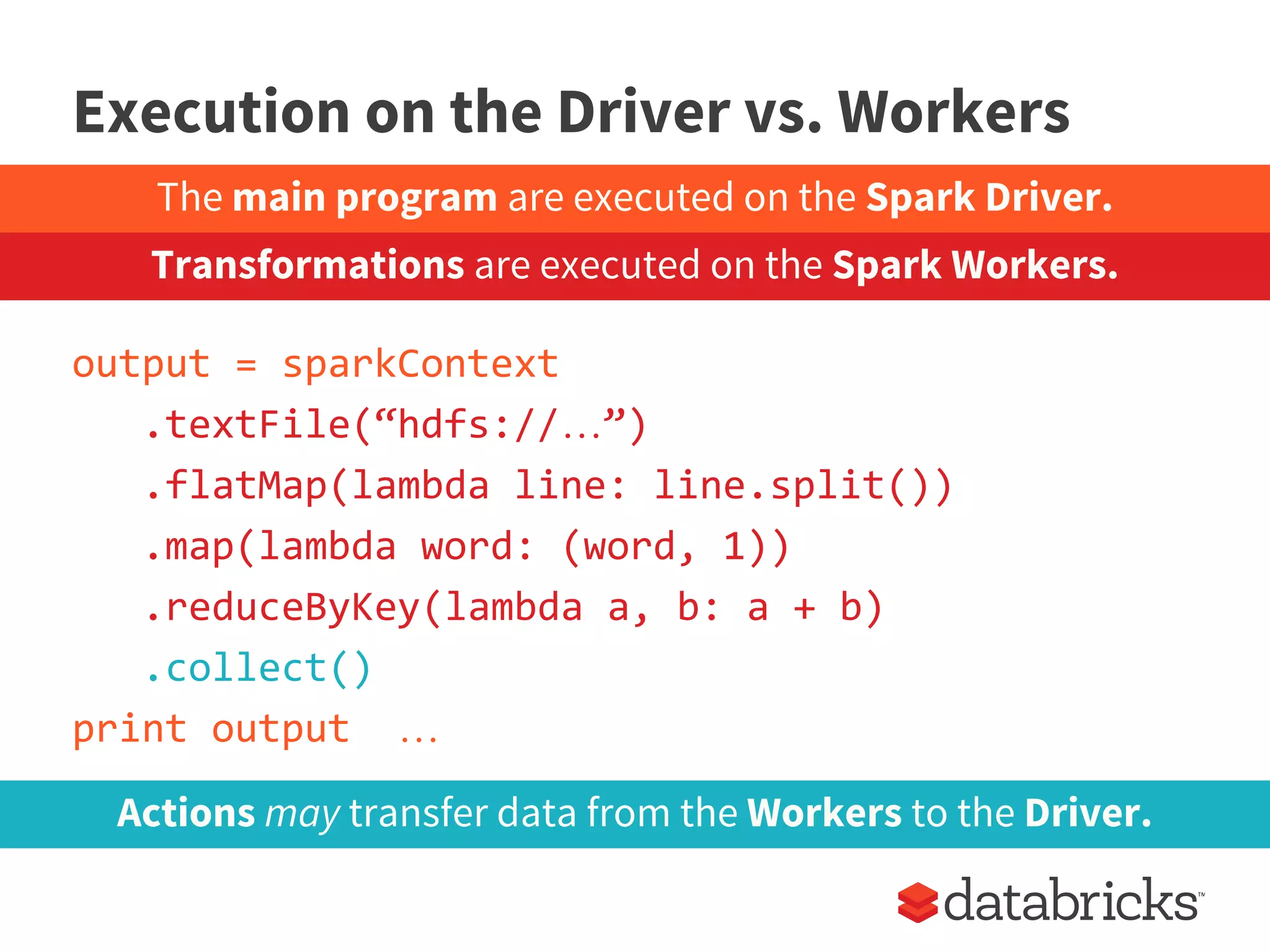 Execution on the Driver vs. Workers
output = sparkContext
.textFile(“hdfs://…”)
.flatMap(lambda line: line.split())
.map(lambda word: (word, 1))
.reduceByKey(lambda a, b: a + b)
.collect()
print output …
Actions may transfer data from the Workers to the Driver.
The main program are executed on the Spark Driver.
Transformations are executed on the Spark Workers.
 