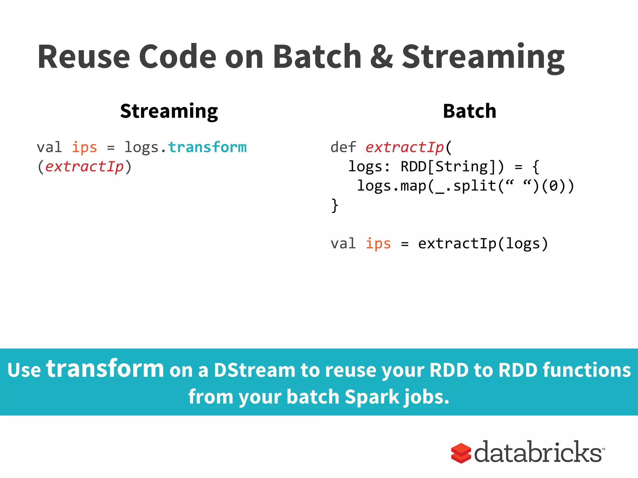 Reuse Code on Batch & Streaming
val ips = logs.transform
(extractIp)
def extractIp(
logs: RDD[String]) = {
logs.map(_.split(“ “)(0))
}
val ips = extractIp(logs)
Streaming Batch
Use transform on a DStream to reuse your RDD to RDD functions
from your batch Spark jobs.
 