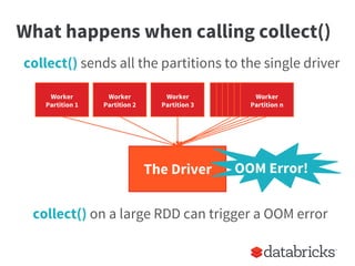 What happens when calling collect()
collect() on a large RDD can trigger a OOM error
collect() sends all the partitions to the single driver
Worker
Partition 1
Worker
Partition 2
Worker
Partition 3
Worker
Partition n
The Driver OOM Error!
 
