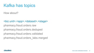 27
Kafka has topics
How about?
<biz unit>.<app>.<dataset>.<stage>
pharmacy.fraud.orders.raw
pharmacy.fraud.orders.deduped
pharmacy.fraud.orders.validated
pharmacy.fraud.orders_labs.merged
Click to enter confidentiality information
 