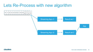39
Lets Re-Process with new algorithm
Click to enter confidentiality information
0 1 2 3 4 5 6 7 8 9
1
0
1
1
1
2
1
3
Streaming App v1
Streaming App v2
Result set 1
Result set 2
App
 