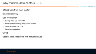Why multiple data centers (DC)
Offload work from main cluster
Disaster recovery
Geo-localization
• Saving cross-DC bandwidth
• Better performance by being closer to users
• Some activity is just local
• Security / regulations
Cloud
Special case: Producers with network issues
 