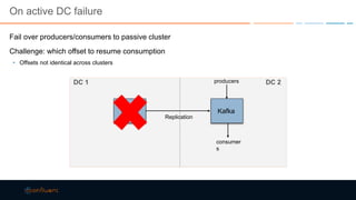 On active DC failure
Fail over producers/consumers to passive cluster
Challenge: which offset to resume consumption
• Offsets not identical across clusters
Kafka
producers
consumer
s
DC 1
Replication
DC 2
Kafka
 