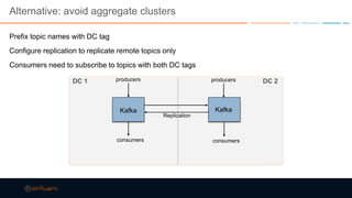 Alternative: avoid aggregate clusters
Prefix topic names with DC tag
Configure replication to replicate remote topics only
Consumers need to subscribe to topics with both DC tags
Kafka
producers
consumers
DC 1
Replication
DC 2
Kafka
producers
consumers
 