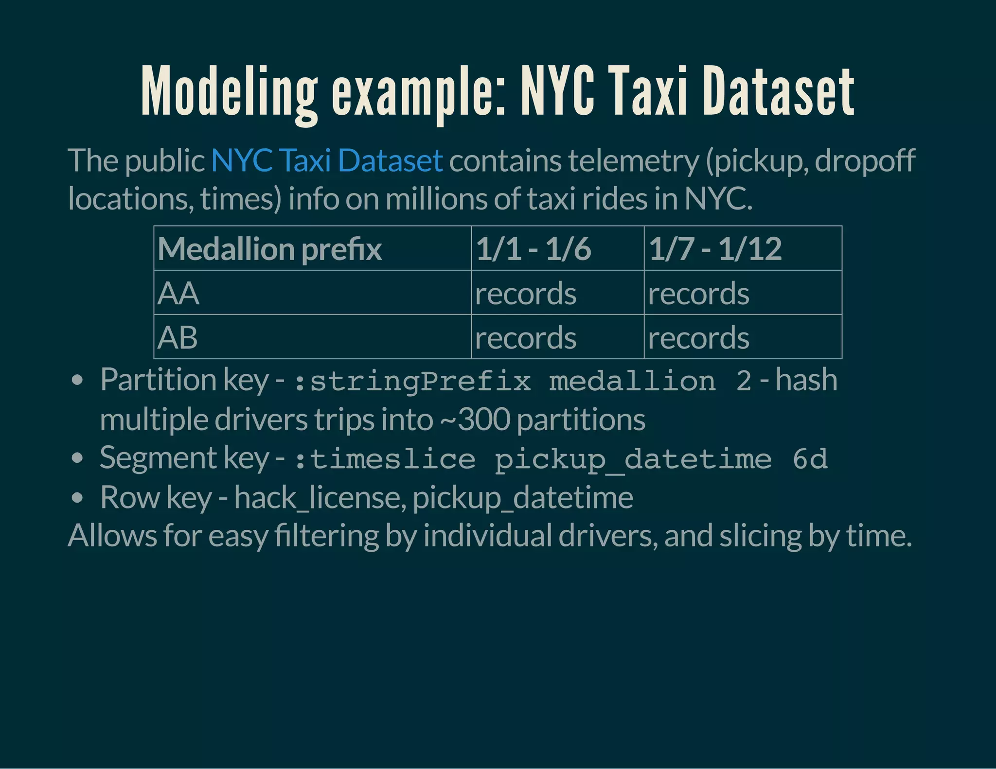 Modeling example: NYC Taxi Dataset
The public contains telemetry (pickup, dropoff
locations, times) info on millions of taxi rides in NYC.
NYC Taxi Dataset
Medallion pre x 1/1 - 1/6 1/7 - 1/12
AA records records
AB records records
Partition key - :stringPrefix medallion 2- hash
multiple drivers trips into ~300 partitions
Segment key - :timeslice pickup_datetime 6d
Row key - hack_license, pickup_datetime
Allows for easy ltering by individual drivers, and slicing by time.
 
