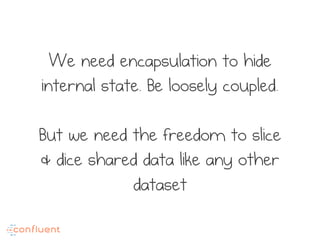 We need encapsulation to hide
internal state. Be loosely coupled.
But we need the freedom to slice
& dice shared data like any other
dataset
 
