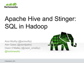 Apache Hive and Stinger:
SQL in Hadoop
Arun Murthy (@acmurthy)
Alan Gates (@alanfgates)
Owen O’Malley (@owen_omalley)
@hortonworks

© Hortonworks Inc. 2013.

 
