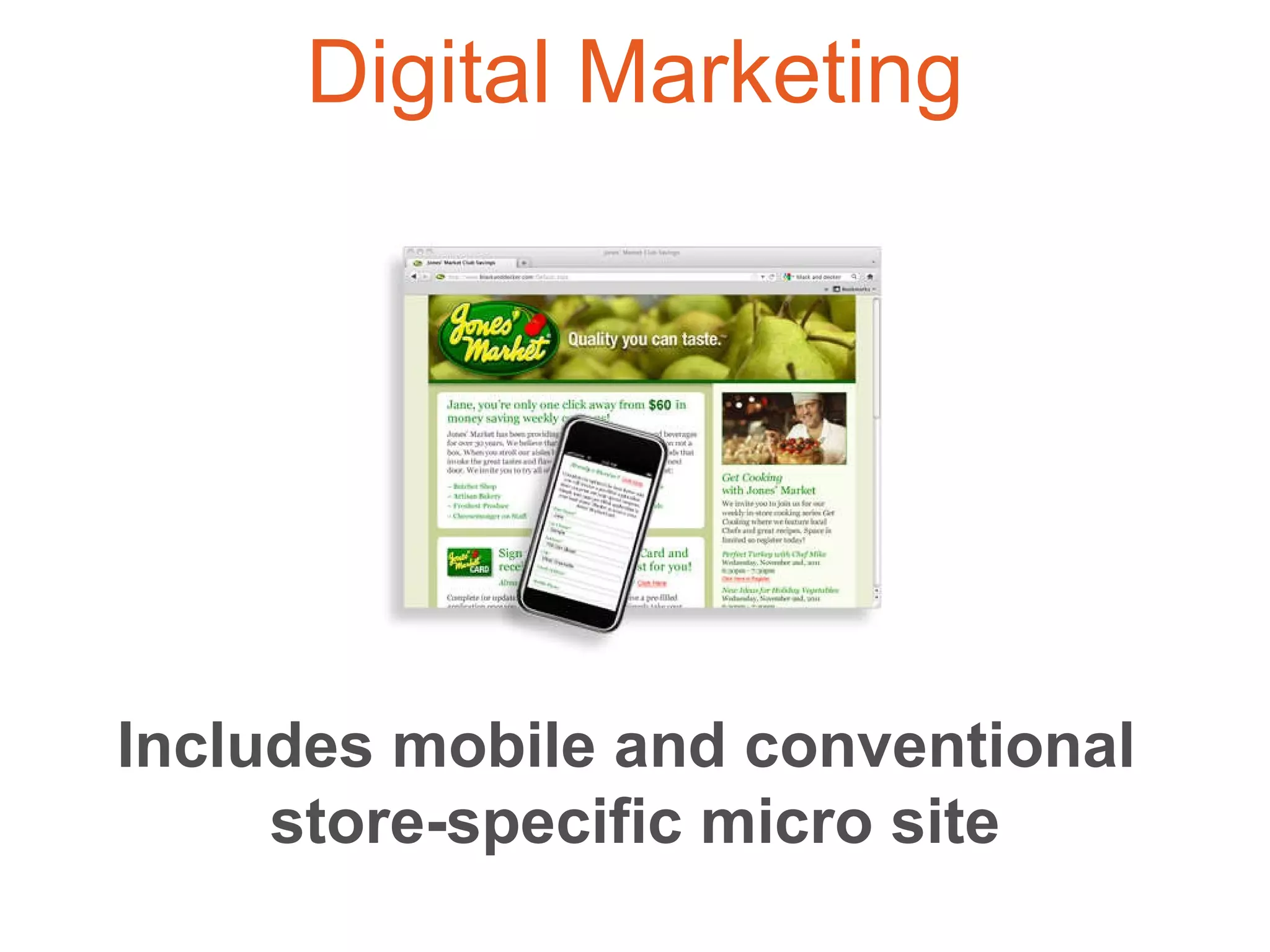 Includes mobile and conventional  store-specific micro site Digital Marketing 