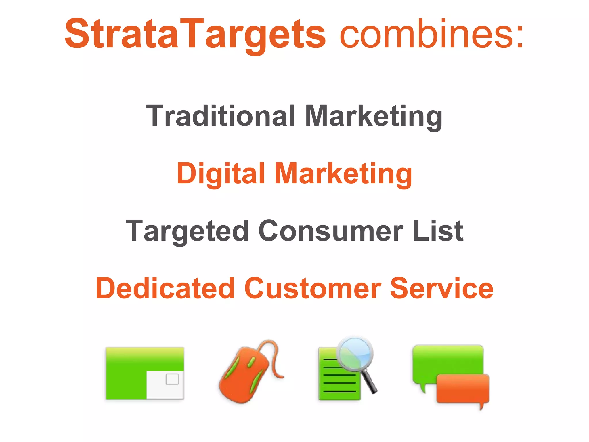 Traditional Marketing Digital Marketing Targeted Consumer List Dedicated Customer Service StrataTargets  combines: 