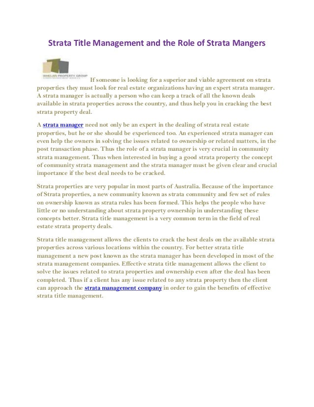 Strata title management and the role of strata mangers
