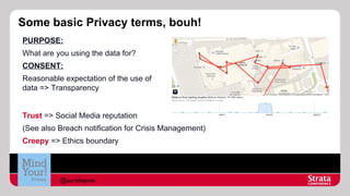 Some basic Privacy terms, bouh!
PURPOSE:
What are you using the data for?
CONSENT:
Reasonable expectation of the use of
data => Transparency
Trust => Social Media reputation
(See also Breach notification for Crisis Management)
Creepy => Ethics boundary

@aureliepols

 