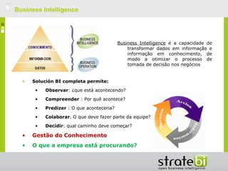    Business Intelligence




                                               Business Intelligence é a capacidade de
                                                   transformar dados em informação e
                                                   informação em conhecimento, de
                                                   modo a otimizar o processo de
                                                   tomada de decisão nos negócios


          Solución BI completa permite:
           •   Observar: ¿que está acontecendo?
           •   Compreender : Por quê acontece?
           •   Predizer : O que aconteceria?
           •   Colaborar. O que deve fazer parte da equipe?
           •   Decidir: qual caminho deve começar?

      •   Gestão do Conhecimento
      •   O que a empresa está procurando?
 