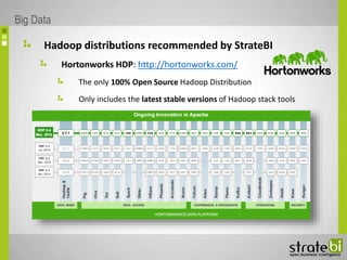 Hadoop distributions recommended by StrateBI
Hortonworks HDP: http://hortonworks.com/
The only 100% Open Source Hadoop Distribution
Only includes the latest stable versions of Hadoop stack tools
Big Data
 