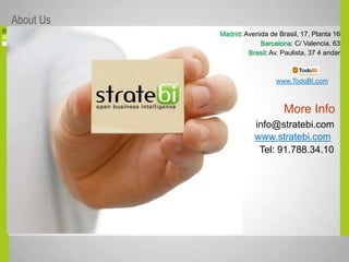 www.TodoBI.com
info@stratebi.com
www.stratebi.com
More Info
Tel: 91.788.34.10
Madrid: Avenida de Brasil, 17, Planta 16
Barcelona: C/ Valencia, 63
Brasil: Av. Paulista, 37 4 andar
About Us
 