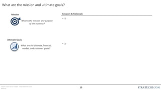 INSERT LOGO OR CO. NAME - VIEW>MASTER>SLIDE
MASTER
What are the mission and ultimate goals?
• X
• X
What is the mission and purpose
of the business?
What are the ultimate financial,
market, and customer goals?
Mission
Ultimate Goals
Answers & Rationale
10
 