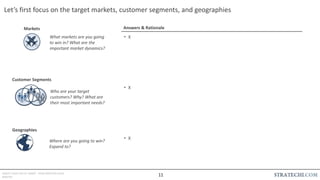 INSERT LOGO OR CO. NAME - VIEW>MASTER>SLIDE
MASTER
Let’s first focus on the target markets, customer segments, and geographies
Customer Segments
Markets
Geographies
What markets are you going
to win in? What are the
important market dynamics?
Who are your target
customers? Why? What are
their most important needs?
Where are you going to win?
Expand to?
• X
• X
• X
Answers & Rationale
11
 
