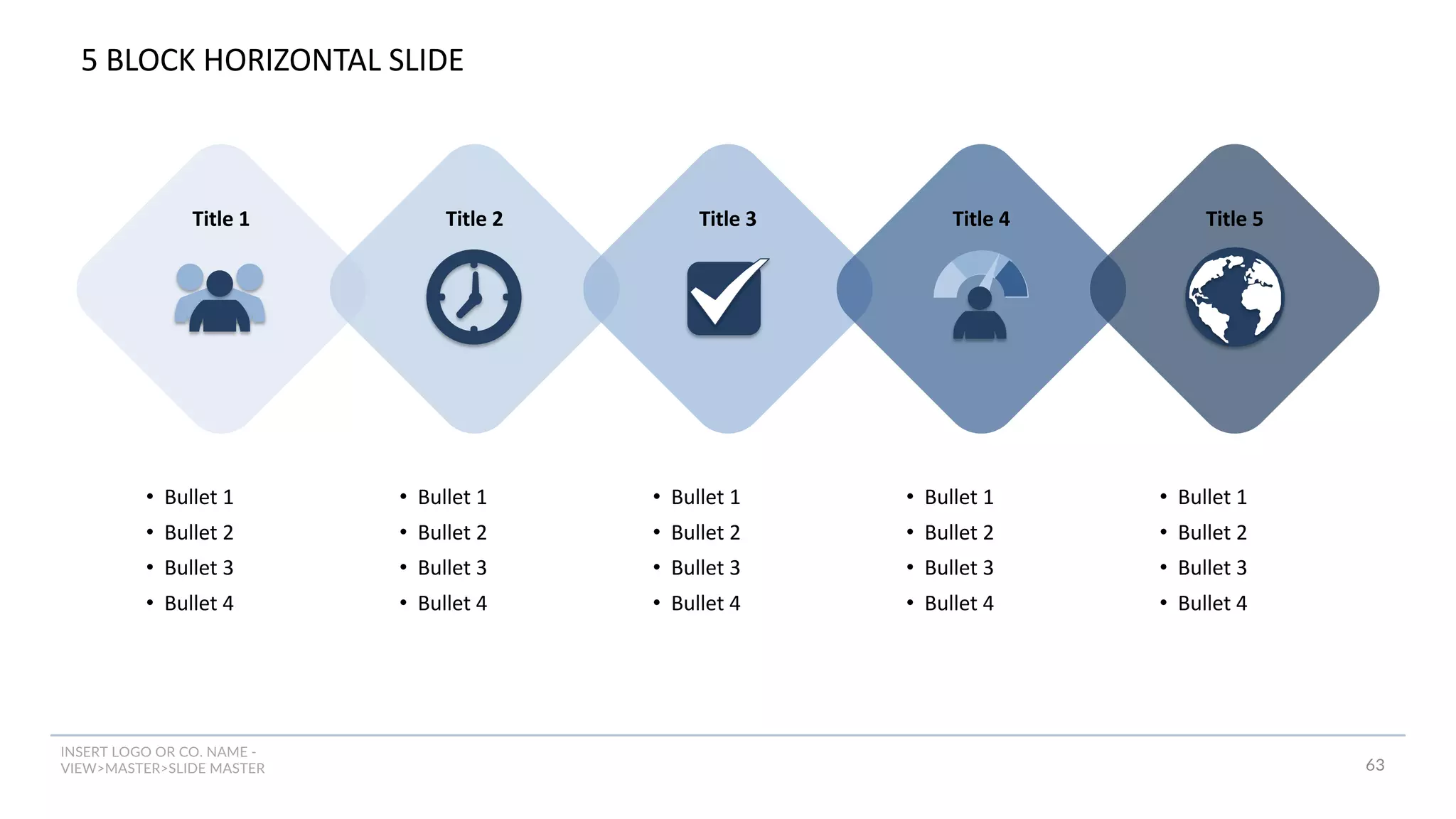 INSERT LOGO OR CO. NAME -
VIEW>MASTER>SLIDE MASTER 63
5 BLOCK HORIZONTAL SLIDE
Title 1
• Bullet 1
• Bullet 2
• Bullet 3
• Bullet 4
Title 2
• Bullet 1
• Bullet 2
• Bullet 3
• Bullet 4
Title 3
• Bullet 1
• Bullet 2
• Bullet 3
• Bullet 4
Title 4
• Bullet 1
• Bullet 2
• Bullet 3
• Bullet 4
Title 5
• Bullet 1
• Bullet 2
• Bullet 3
• Bullet 4
 