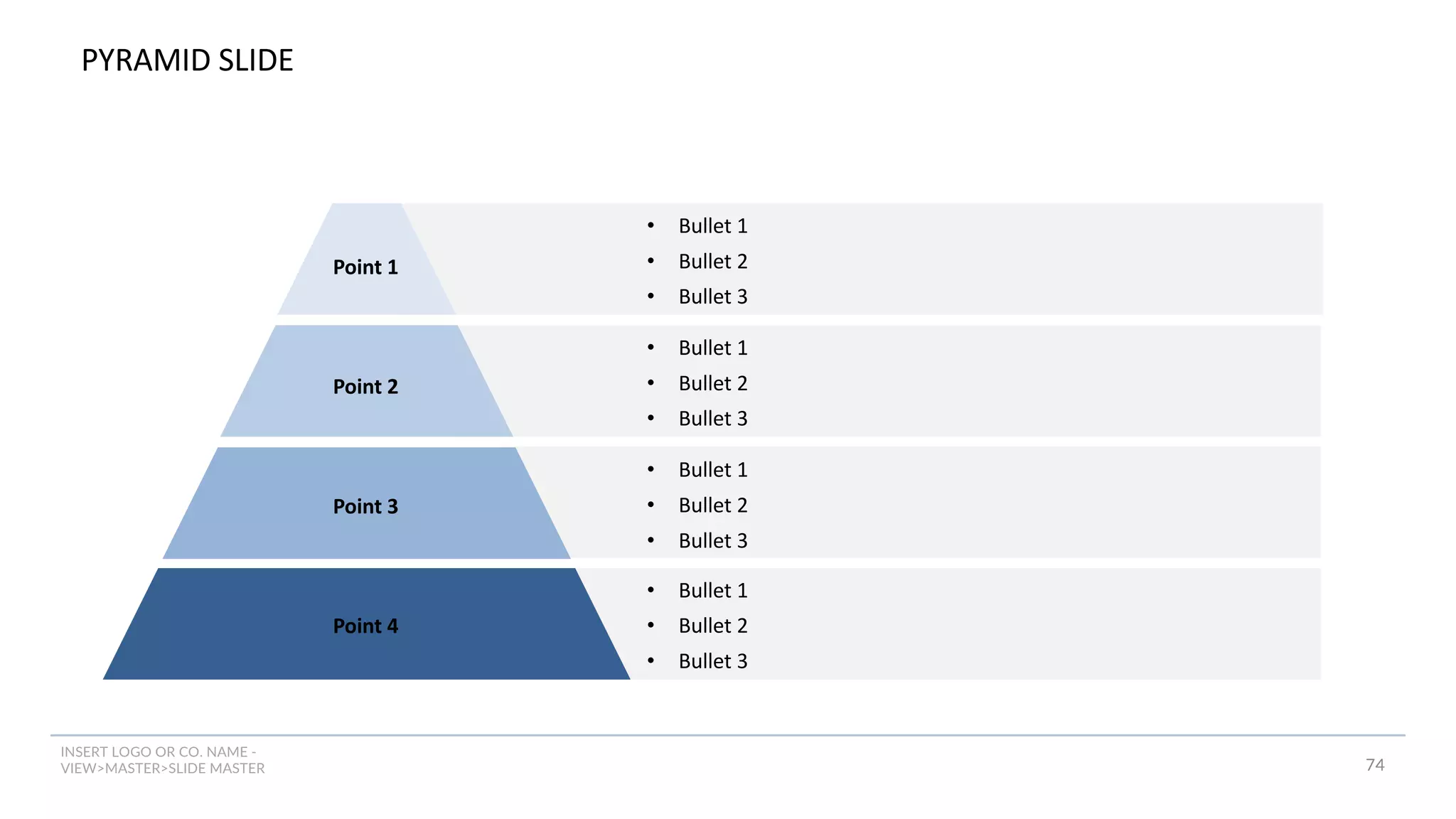 INSERT LOGO OR CO. NAME -
VIEW>MASTER>SLIDE MASTER 74
PYRAMID SLIDE
• Bullet 1
• Bullet 2
• Bullet 3
• Bullet 1
• Bullet 2
• Bullet 3
• Bullet 1
• Bullet 2
• Bullet 3
• Bullet 1
• Bullet 2
• Bullet 3
Point 1
Point 2
Point 3
Point 4
 