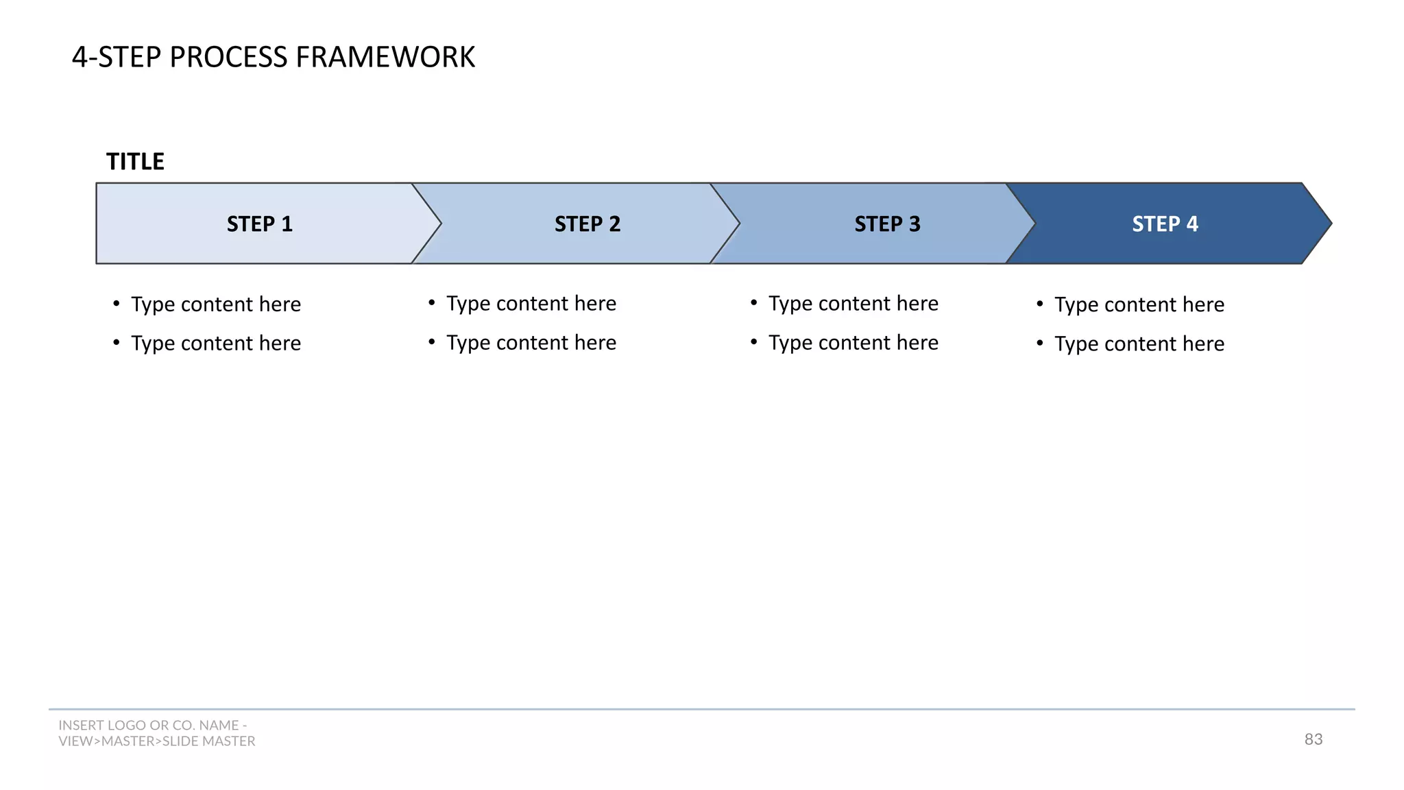INSERT LOGO OR CO. NAME -
VIEW>MASTER>SLIDE MASTER 83
STEP 4
4-STEP PROCESS FRAMEWORK
• Type content here
• Type content here
• Type content here
• Type content here
STEP 1 STEP 2 STEP 3
• Type content here
• Type content here
TITLE
• Type content here
• Type content here
 