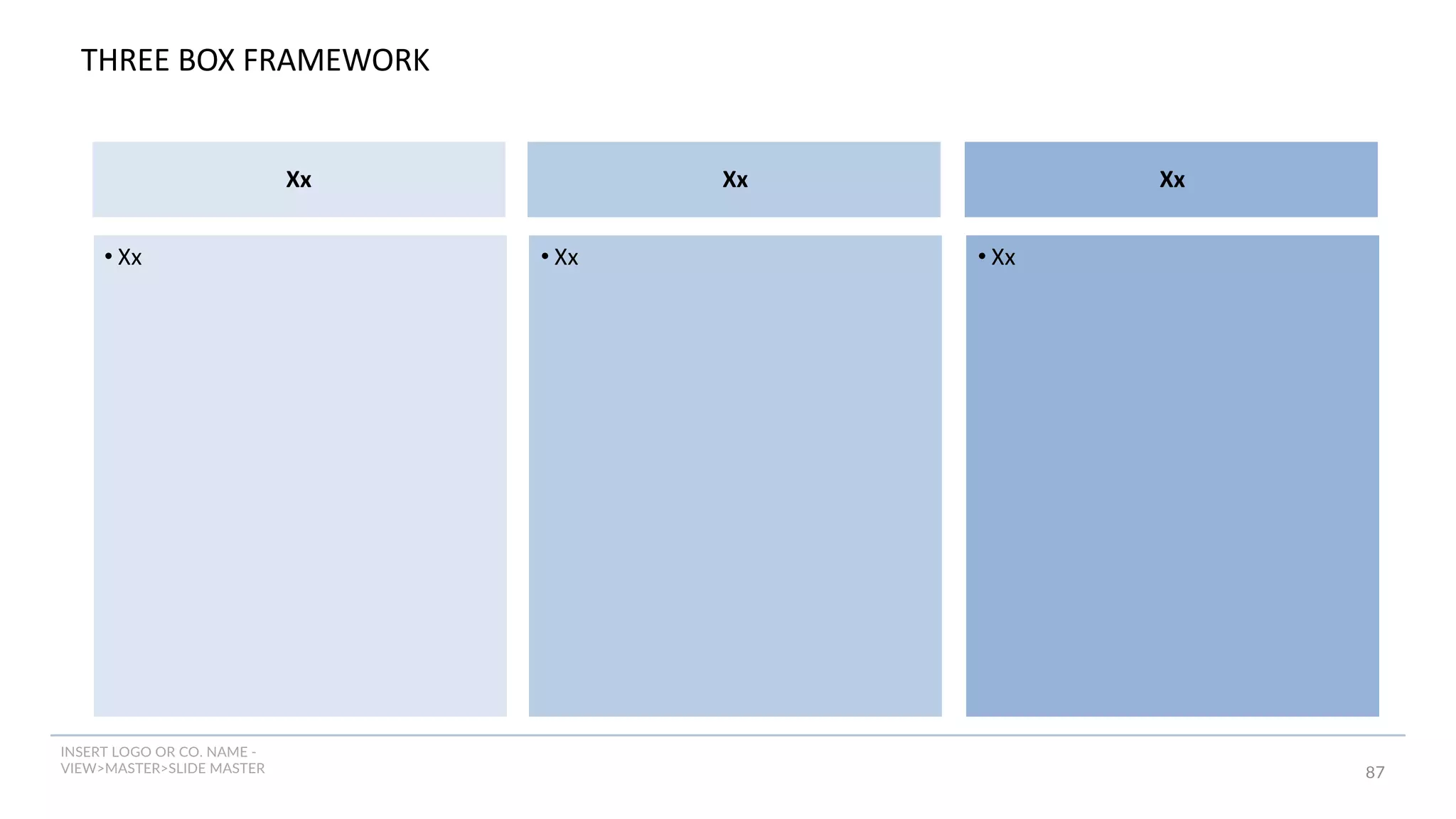 INSERT LOGO OR CO. NAME -
VIEW>MASTER>SLIDE MASTER 87
THREE BOX FRAMEWORK
• Xx • Xx • Xx
Xx Xx Xx
 