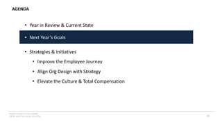 INSERT LOGO OR CO. NAME -
VIEW>MASTER>SLIDE MASTER
AGENDA
15
• Year in Review & Current State
• Next Year’s Goals
• Strategies & Initiatives
• Improve the Employee Journey
• Align Org Design with Strategy
• Elevate the Culture & Total Compensation
 