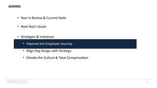 INSERT LOGO OR CO. NAME -
VIEW>MASTER>SLIDE MASTER
AGENDA
21
• Year in Review & Current State
• Next Year’s Goals
• Strategies & Initiatives
• Improve the Employee Journey
• Align Org Design with Strategy
• Elevate the Culture & Total Compensation
 