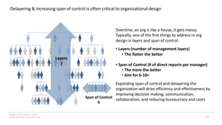 INSERT LOGO OR CO. NAME -
VIEW>MASTER>SLIDE MASTER
Delayering & increasing span of control is often critical to organizational design
Span of Control
6
Layers
7
Overtime, an org is like a house, it gets messy.
Typically, one of the first things to address in org
design is layers and span of control.
• Layers (number of management layers)
• The flatter the better
• Span of Control (# of direct reports per manager)
• The more the better
• Aim for 6-10+
Expanding span of control and delayering the
organization will drive efficiency and effectiveness by
improving decision making, communication,
collaboration, and reducing bureaucracy and costs
145
 