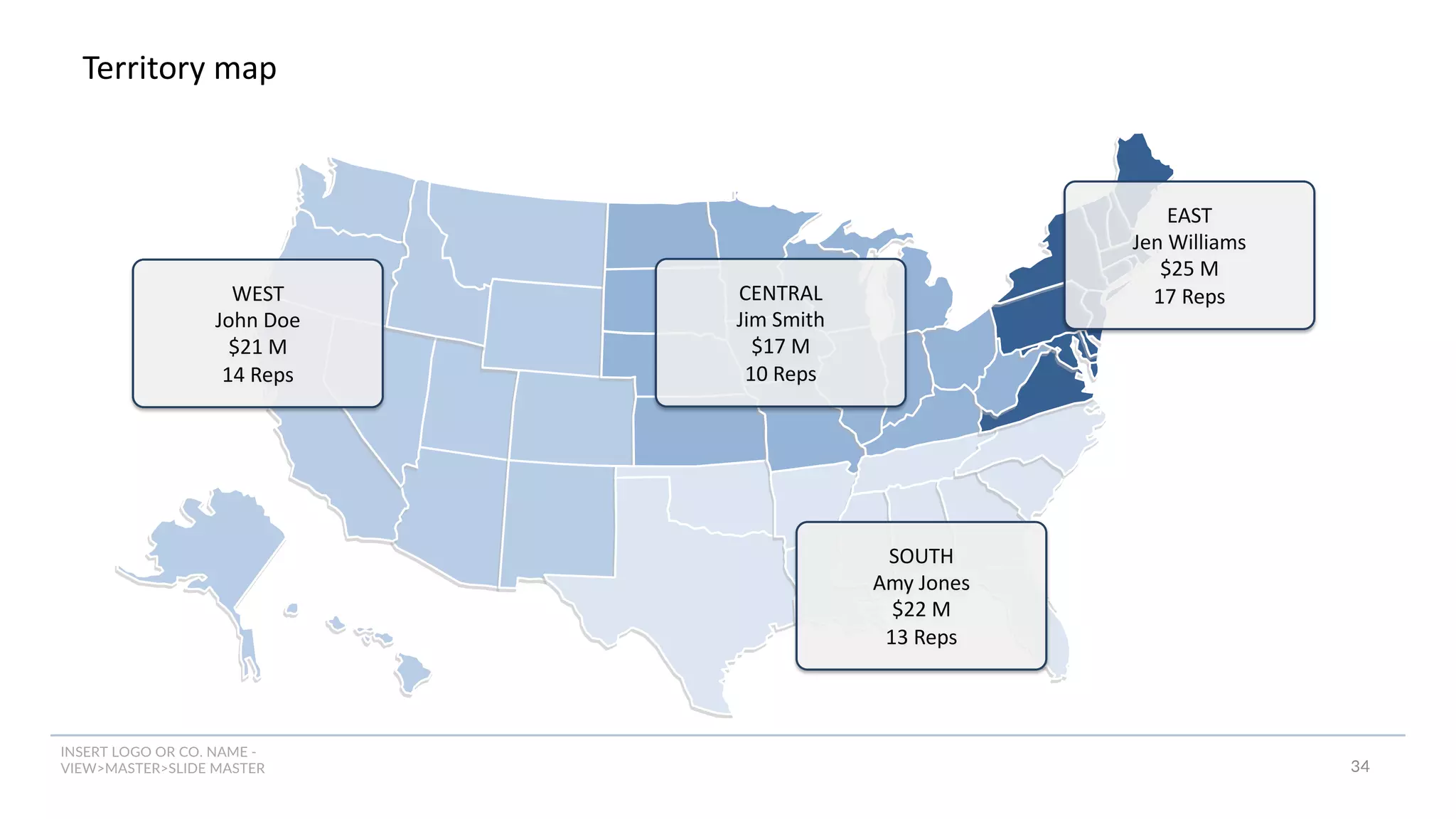 INSERT LOGO OR CO. NAME -
VIEW>MASTER>SLIDE MASTER
Territory map
WEST
John Doe
$21 M
14 Reps
CENTRAL
Jim Smith
$17 M
10 Reps
EAST
Jen Williams
$25 M
17 Reps
SOUTH
Amy Jones
$22 M
13 Reps
34
 
