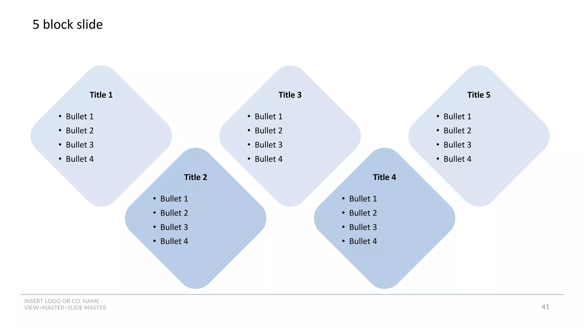 INSERT LOGO OR CO. NAME -
VIEW>MASTER>SLIDE MASTER
5 block slide
Title 1
• Bullet 1
• Bullet 2
• Bullet 3
• Bullet 4
Title 2
• Bullet 1
• Bullet 2
• Bullet 3
• Bullet 4
Title 3
• Bullet 1
• Bullet 2
• Bullet 3
• Bullet 4
Title 4
• Bullet 1
• Bullet 2
• Bullet 3
• Bullet 4
Title 5
• Bullet 1
• Bullet 2
• Bullet 3
• Bullet 4
41
 