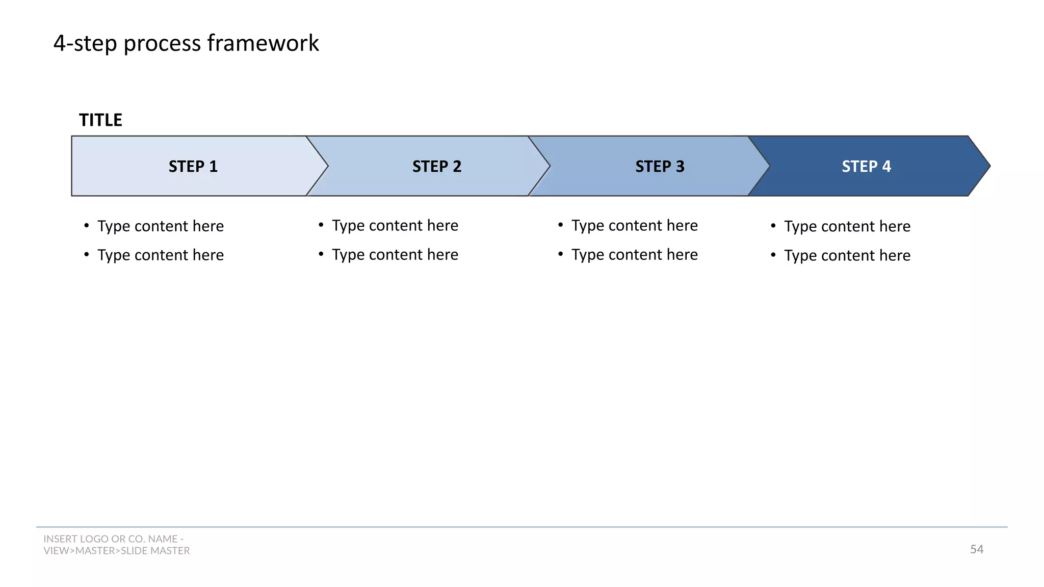 INSERT LOGO OR CO. NAME -
VIEW>MASTER>SLIDE MASTER 54
STEP 4
4-step process framework
• Type content here
• Type content here
• Type content here
• Type content here
STEP 1 STEP 2 STEP 3
• Type content here
• Type content here
TITLE
• Type content here
• Type content here
 