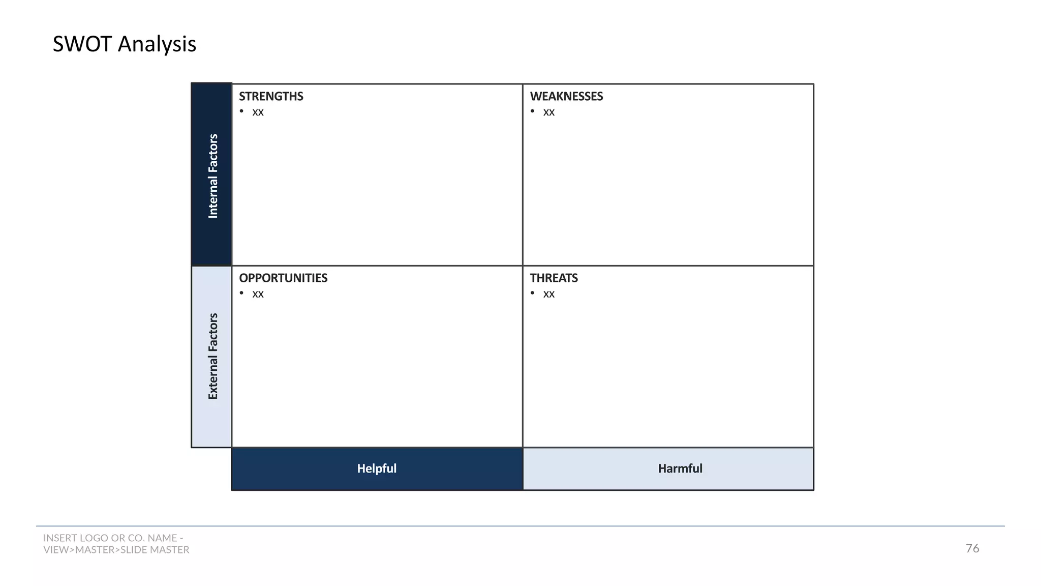 INSERT LOGO OR CO. NAME -
VIEW>MASTER>SLIDE MASTER
SWOT Analysis
External
Factors
Internal
Factors
Harmful
Helpful
STRENGTHS
• xx
WEAKNESSES
• xx
OPPORTUNITIES
• xx
THREATS
• xx
76
 