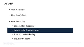 INSERT LOGO OR CO. NAME -
VIEW>MASTER>SLIDE MASTER
AGENDA
17
• Year in Review
• Next Year’s Goals
• Core Initiatives
• Launch New Products
• Improve the Fundamentals
• Turn up the Marketing
• Elevate the Team
 