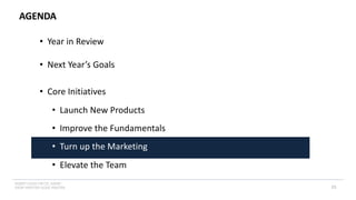INSERT LOGO OR CO. NAME -
VIEW>MASTER>SLIDE MASTER
AGENDA
23
• Year in Review
• Next Year’s Goals
• Core Initiatives
• Launch New Products
• Improve the Fundamentals
• Turn up the Marketing
• Elevate the Team
 