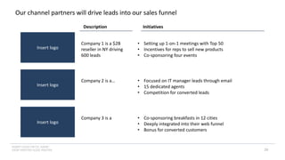 INSERT LOGO OR CO. NAME -
VIEW>MASTER>SLIDE MASTER
Our channel partners will drive leads into our sales funnel
Insert logo
Insert logo
Insert logo
Company 1 is a $2B
reseller in NY driving
600 leads
Company 2 is a…
Company 3 is a
Description
• Setting up 1-on-1 meetings with Top 50
• Incentives for reps to sell new products
• Co-sponsoring four events
• Focused on IT manager leads through email
• 15 dedicated agents
• Competition for converted leads
• Co-sponsoring breakfasts in 12 cities
• Deeply integrated into their web funnel
• Bonus for converted customers
Initiatives
28
 