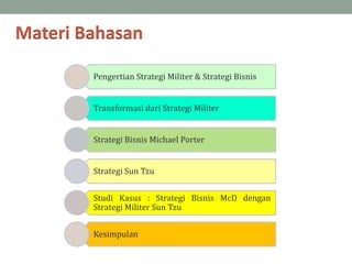Materi Bahasan
Pengertian Strategi Militer & Strategi Bisnis
Transformasi dari Strategi Militer
Strategi Bisnis Michael Porter
Strategi Sun Tzu
Studi Kasus : Strategi Bisnis McD dengan
Strategi Militer Sun Tzu
Kesimpulan
 
