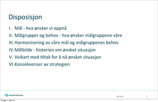 05/13/13
Disposisjon
I. Mål	
  -­‐	
  hva	
  ønsker	
  vi	
  oppnå
II. Målgrupper	
  og	
  behov	
  -­‐	
  hva	
  ønsker	
  målgruppene	
  våre
III.Harmonisering	
  av	
  våre	
  mål	
  og	
  målgruppenes	
  behov
IV.Målbilde	
  -­‐	
  historien	
  om	
  ønsket	
  situasjon
V. Veikart	
  med	
  =ltak	
  for	
  å	
  nå	
  ønsket	
  situasjon
VI.Konsekvenser	
  av	
  strategien
3
tirsdag 1. april 14
 