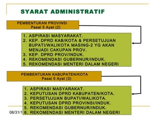 08/31/16 DSB-OTDA 6
SYARAT ADMINISTRATIF
PEMBENTUKAN PROVINSI
Pasal 5 Ayat (2)
1. ASPIRASI MASYARAKAT.
2. KEP. DPRD KAB/KOTA & PERSETUJUAN
BUPATI/WALIKOTA MASING-2 YG AKAN
MENJADI CAKUPAN PROV.
3. KEP. DPRD PROV/INDUK.
4. REKOMENDASI GUBERNUR/INDUK.
5. REKOMENDASI MENTERI DALAM NEGERI
1. ASPIRASI MASYARAKAT.
2. KEPUTUSAN DPRD KABUPATEN/KOTA.
3. PERSETUJUAN BUPATI/WALIKOTA.
4. KEPUTUSAN DPRD PROVINSI/INDUK.
5. REKOMENDASI GUBERNUR/INDUK.
6. REKOMENDASI MENTERI DALAM NEGERI
PEMBENTUKAN KABUPATEN/KOTA
Pasal 5 Ayat (3)
 