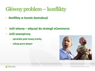 Główny problem – konflikty
• Konflikty w kanale dystrybucji


• Jeśli własny – włączyd do strategii eCommerce
• Jeśli zewnętrzny
   – sprzedaż pod nową marką
   – zakup pure-player
 