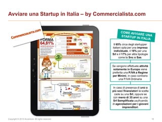 Copyright © 2014 Accenture All rights reserved. 18
Avviare una Startup in Italia – by Commercialista.com
Il 65% circa degli startupper
italiani opta per una impresa
individuale, il 18% per una
Srl e il 17% per altre tipologie
come la Snc o Sas.
Se vengono effettuate attività
solamente in Europa viene
preferita una P.IVA a Regime
per Minimi, in caso contrario
una P.IVA Ordinaria
In caso di presenza di uno o
più soci finanziatori la scelta
cade su una Srl, oppure se
con meno di 35 anni su una
Srl Semplificata usufruendo
di agevolazioni per i giovani
imprenditori.
 