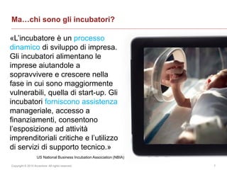 Copyright © 2014 Accenture All rights reserved. 7
Ma…chi sono gli incubatori?
«L’incubatore è un processo
dinamico di sviluppo di impresa.
Gli incubatori alimentano le
imprese aiutandole a
sopravvivere e crescere nella
fase in cui sono maggiormente
vulnerabili, quella di start-up. Gli
incubatori forniscono assistenza
manageriale, accesso a
finanziamenti, consentono
l’esposizione ad attività
imprenditoriali critiche e l’utilizzo
di servizi di supporto tecnico.»
US National Business Incubation Association (NBIA)
 