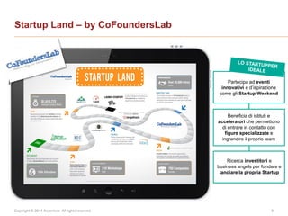 Copyright © 2014 Accenture All rights reserved. 9
Startup Land – by CoFoundersLab
Partecipa ad eventi
innovativi e d’ispirazione
come gli Startup Weekend
Beneficia di istituti e
acceleratori che permettono
di entrare in contatto con
figure specializzate e
ingrandire il proprio team
Ricerca investitori e
business angels per fondare e
lanciare la propria Startup
 