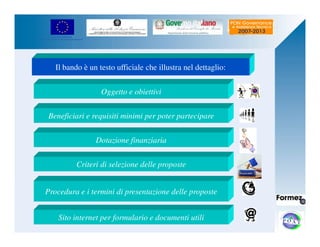 UNIONE EUROPEA 
Fondo Europeo di Sviluppo Regionale 
Il bando è un testo ufficiale che illustra nel dettaglio: 
Oggetto e obiettivi 
Beneficiari e requisiti minimi per poter partecipare 
Dotazione finanziaria 
Criteri di selezione delle proposte 
Procedura e i termini di presentazione delle proposte 
Sito internet per formulario e documenti utili 
 
