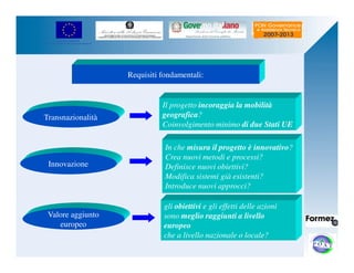UNIONE EUROPEA 
Fondo Europeo di Sviluppo Regionale 
Requisiti fondamentali: 
Il progetto incoraggia la mobilità 
geografica? 
Coinvolgimento minimo di due Stati UE 
Transnazionalità 
Innovazione 
In che misura il progetto è innovativo? 
Crea nuovi metodi e processi? 
Definisce nuovi obiettivi? 
Modifica sistemi già esistenti? 
Introduce nuovi approcci? 
Valore aggiunto 
europeo 
gli obiettivi e gli effetti delle azioni 
sono meglio raggiunti a livello 
europeo 
che a livello nazionale o locale? 
 