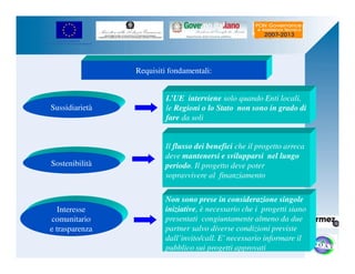 UNIONE EUROPEA 
Fondo Europeo di Sviluppo Regionale 
Requisiti fondamentali: 
L’UE interviene solo quando Enti locali, 
le Regioni o lo Stato non sono in grado di 
fare da soli 
Sussidiarietà 
Sostenibilità 
Il flusso dei benefici che il progetto arreca 
deve mantenersi e svilupparsi nel lungo 
periodo. Il progetto deve poter 
sopravvivere al finanziamento 
Interesse 
comunitario 
e trasparenza 
Non sono prese in considerazione singole 
iniziative, è necessario che i progetti siano 
presentati congiuntamente almeno da due 
partner salvo diverse condizioni previste 
dall’invito/call. E’ necessario informare il 
pubblico sui progetti approvati 
 