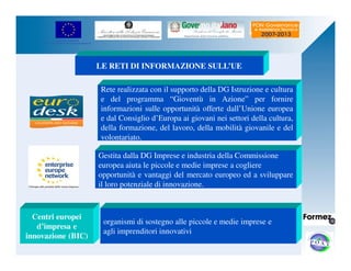 UNIONE EUROPEA 
Fondo Europeo di Sviluppo Regionale 
LE RETI DI INFORMAZIONE SULL’UE 
Centri europei 
d’impresa e 
innovazione (BIC) 
Rete realizzata con il supporto della DG Istruzione e cultura 
e del programma “Gioventù in Azione” per fornire 
informazioni sulle opportunità offerte dall’Unione europea 
e dal Consiglio d’Europa ai giovani nei settori della cultura, 
della formazione, del lavoro, della mobilità giovanile e del 
volontariato. 
Gestita dalla DG Imprese e industria della Commissione 
europea aiuta le piccole e medie imprese a cogliere 
opportunità e vantaggi del mercato europeo ed a sviluppare 
il loro potenziale di innovazione. 
organismi di sostegno alle piccole e medie imprese e 
agli imprenditori innovativi 
 