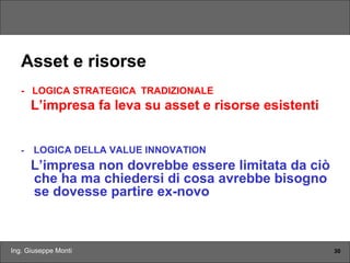 Ing. Giuseppe Monti 30
Asset e risorse
- LOGICA STRATEGICA TRADIZIONALE
L’impresa fa leva su asset e risorse esistenti
- LOGICA DELLA VALUE INNOVATION
L’impresa non dovrebbe essere limitata da ciò
che ha ma chiedersi di cosa avrebbe bisogno
se dovesse partire ex-novo
 