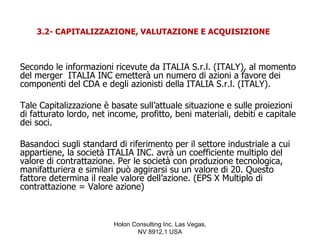 3.2- CAPITALIZZAZIONE, VALUTAZIONE E ACQUISIZIONE



Secondo le informazioni ricevute da ITALIA S.r.l. (ITALY), al momento
del merger ITALIA INC emetterà un numero di azioni a favore dei
componenti del CDA e degli azionisti della ITALIA S.r.l. (ITALY).

Tale Capitalizzazione è basate sull’attuale situazione e sulle proiezioni
di fatturato lordo, net income, profitto, beni materiali, debiti e capitale
dei soci.

Basandoci sugli standard di riferimento per il settore industriale a cui
appartiene, la società ITALIA INC. avrà un coefficiente multiplo del
valore di contrattazione. Per le società con produzione tecnologica,
manifatturiera e similari può aggirarsi su un valore di 20. Questo
fattore determina il reale valore dell’azione. (EPS X Multiplo di
contrattazione = Valore azione)



                         Holon Consulting Inc. Las Vegas,
                                NV 8912,1 USA
 